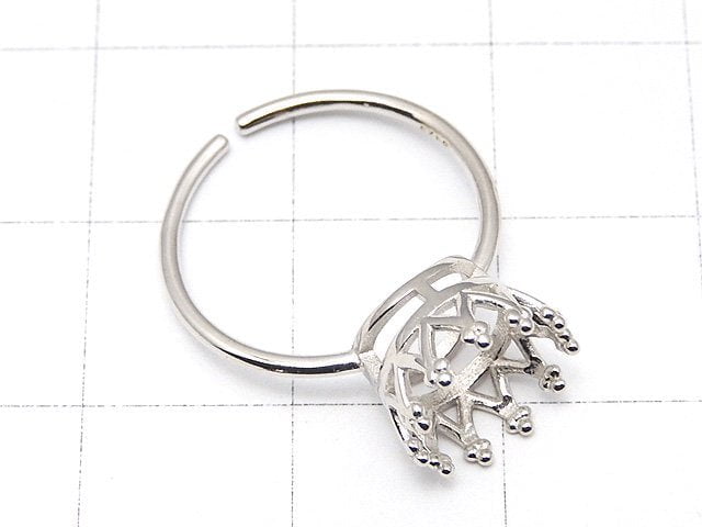 [Video] Silver925 Crown Ring Empty Frame (Claw Clasp) Round Faceted 8mm Rhodium Plated Free Size 1pc