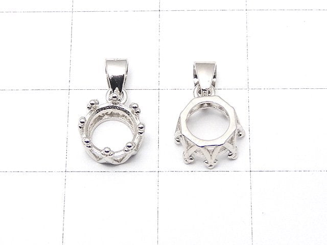 [Video] Silver925 Crown Pendant Empty Frame Round Faceted 6mm Rhodium Plated 1pc