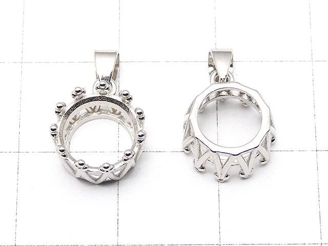 [Video] Silver925 Crown Pendant Empty Frame Round Faceted 8mm Rhodium Plated 1pc