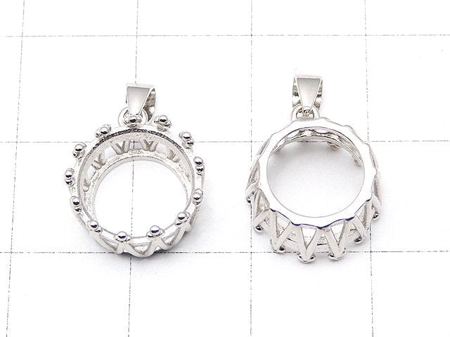 [Video] Silver925 Crown Pendant Empty Frame Round Faceted 10mm Rhodium Plated 1pc