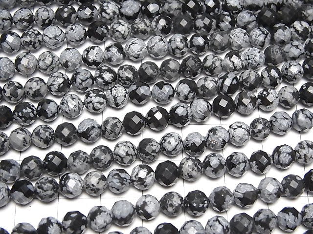 [Video]High Quality! Snowflake Obsidian 64Faceted Round 6mm 1strand beads (aprx.15inch/36cm)