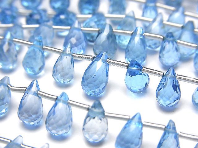[Video]High Quality Swiss Blue Topaz AAA Drop Faceted Briolette half or 1strand beads (aprx.6inch/16cm)