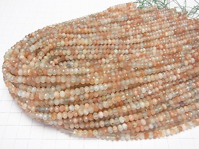 [Video]High Quality! Sunstone x Green Feldspar AA Faceted Button Roundel 5x5x3mm 1strand beads (aprx.15inch/37cm)