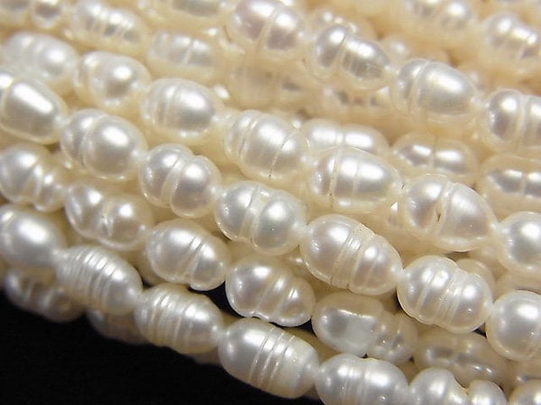 [Video]Fresh Water Pearl AA Wrinkle Rice 6x4x4mm White 1strand beads (aprx.13inch/33cm)