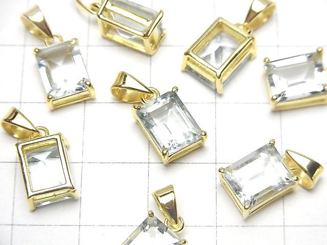 [Video]High Quality Aquamarine AAA Rectangle Faceted Pendant 9x7mm 18KGP 1pc