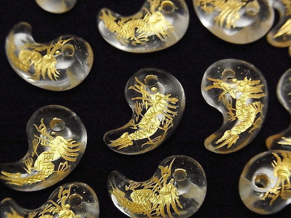 [Video]Golden! Dragon (Four Divine Beasts ) Carved! Crystal Comma Shaped Bead 20x13mm 1pc