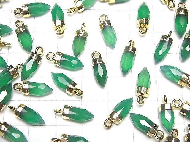 [Video]High Quality Green Onyx AAA- Faceted Point Charm 12x5x5mm Gold Color 2pcs