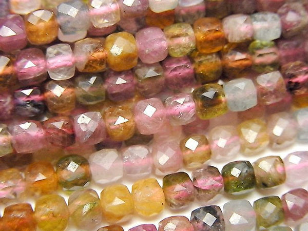 [Video]High Quality! Multicolor Tourmaline AA++ Cube Shape 4x4x4mm half or 1strand beads (aprx.15inch/37cm)