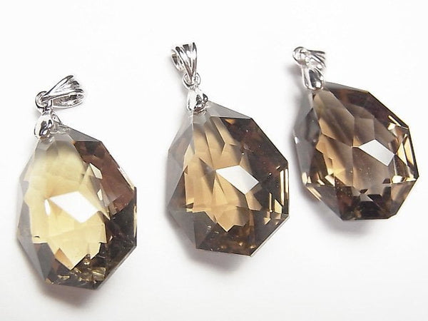 High Quality Smoky Quartz AAA Multiple Facets Faceted Pendant 25x18x14mm Lightcolor Silver925