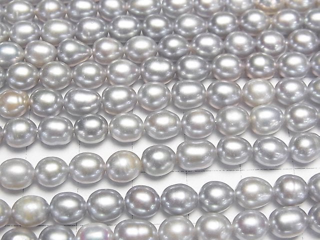 [Video] Fresh Water Pearl AA Rice 7x6x6mm Silver 1strand beads (aprx.15inch/37cm)