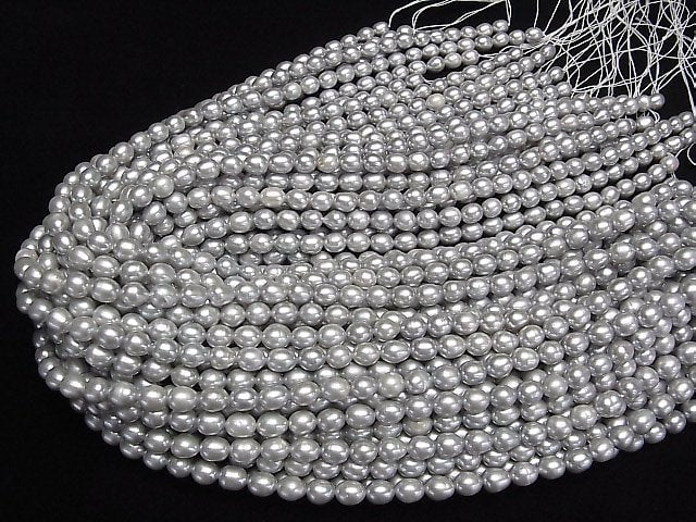 [Video] Fresh Water Pearl AA Rice 7x6x6mm Silver 1strand beads (aprx.15inch/37cm)