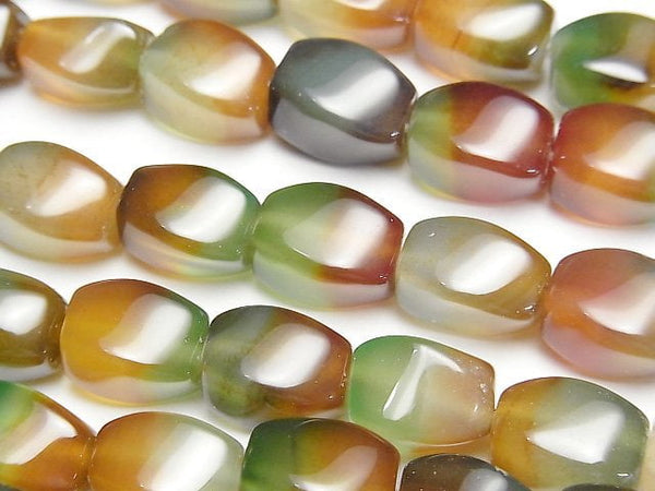[Video] Green x Red color Chalcedony 4Faceted Twist Faceted Rice 12x8x8mm 1strand beads (aprx.15inch/38cm)