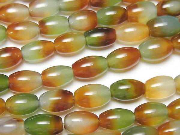 [Video] Green x Red color Chalcedony Rice 9x6x6mm 1strand beads (aprx.14inch/35cm)