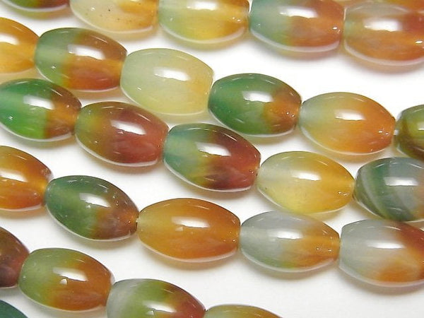 [Video] Green x Red color Chalcedony Rice 12x8x8mm 1strand beads (aprx.15inch/37cm)