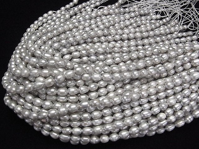 [Video]Fresh Water Pearl AA- Rice 7x6x6mm Silver 1strand beads (aprx.13inch/33cm)