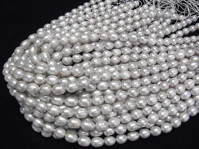 [Video]Fresh Water Pearl AA Rice 11x9x9mm Light Silver 1strand beads (aprx.15inch/37cm)