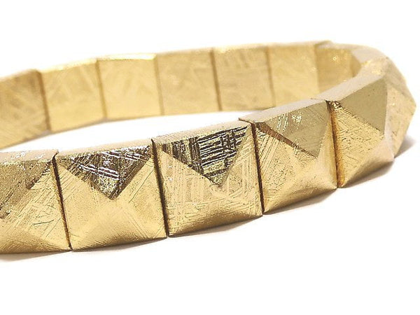[Video][One of a kind] Meteorite (Muonionalusta) Two Holes Faceted Square 9x9mm Yellow Gold Bracelet NO.6