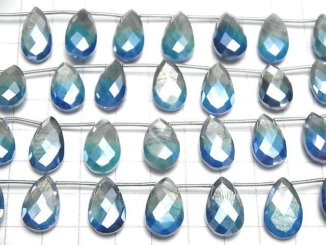 [Video] Bi-color Moonstone AA++ Pear shape Faceted Briolette Coating [Gray x Blue] 1strand beads (aprx.6inch/16cm)
