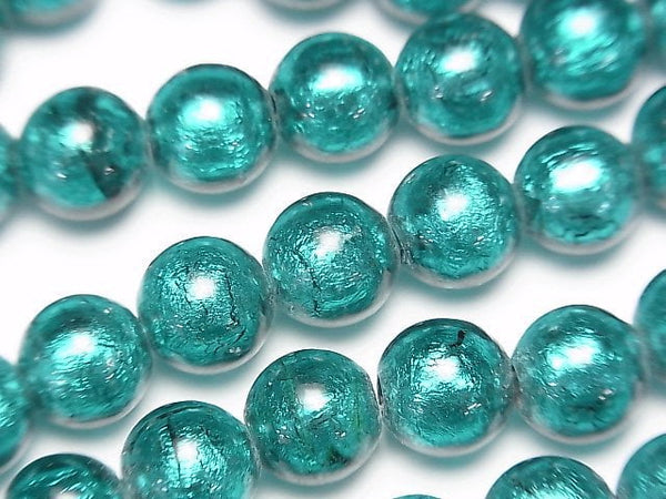 Lampwork Beads Round 10mm [Silver foil x blue green] 1strand beads (aprx.10inch/26cm)