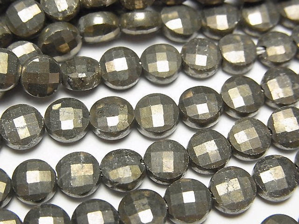 [Video] High Quality! Golden Pyrite AAA- Faceted Coin 6x6x3.5mm 1strand beads (aprx.15inch/37cm)