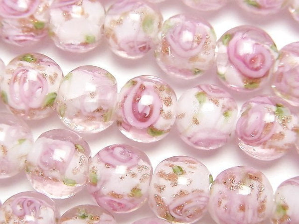 [Video] Lampwork Beads Round 10mm with rose pattern [Pink] 1strand beads (aprx.13inch/33cm)