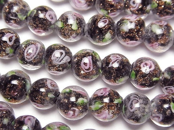 [Video] Lampwork Beads Round 8mm with rose pattern [Black] 1strand beads (aprx.11inch/28cm)
