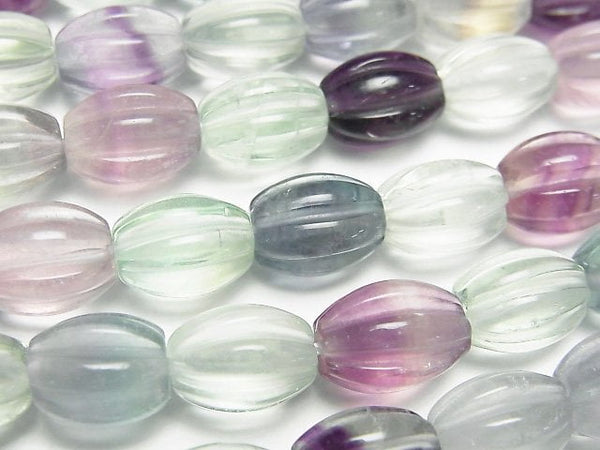 [Video] Multi color Fluorite AAA- Line Carved Rice 10x8x8mm half or 1strand beads (aprx.15inch/38cm)