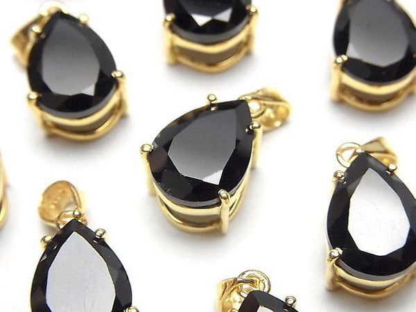 [Video]High Quality Black Spinel AAA Pear shape Faceted Pendant 14x10mm 18KGP 1pc