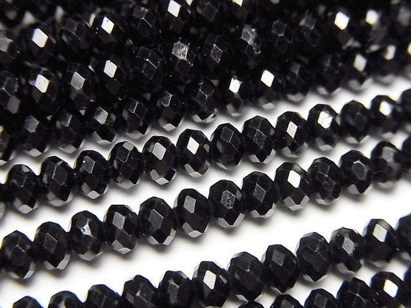 [Video] High Quality! Black Tourmaline AAA- Faceted Button Roundel 4x4x2.5mm 1strand beads (aprx.15inch/37cm)