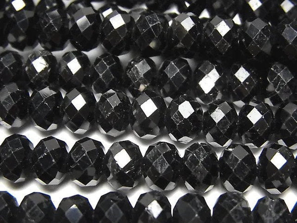[Video] High Quality! Black Tourmaline AA Faceted Button Roundel 7x7x5mm half or 1strand beads (aprx.15inch/37cm)