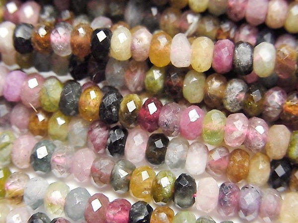 [Video] High Quality! Multi color Tourmaline AA Faceted Button Roundel 4x4x2.5mm 1strand beads (aprx.15inch/36cm)