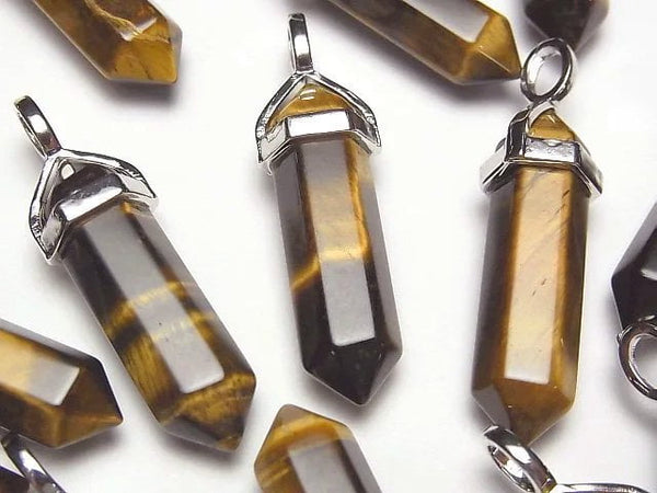 [Video] Yellow Tiger's Eye AAA- Double Point Pendant 32x8x8mm Silver color 3pcs
