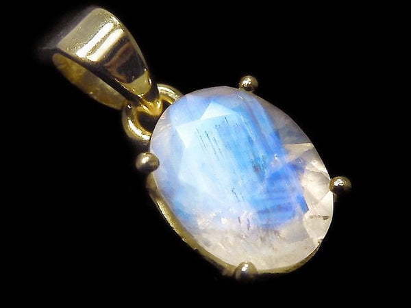 [Video][One of a kind] High Quality Rainbow Moonstone AAA Faceted Pendant 18KGP NO.11