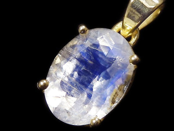 [Video][One of a kind] High Quality Rainbow Moonstone AAA Faceted Pendant 18KGP NO.18