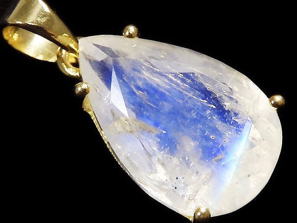 [Video][One of a kind] High Quality Rainbow Moonstone AAA Faceted Pendant 18KGP NO.20