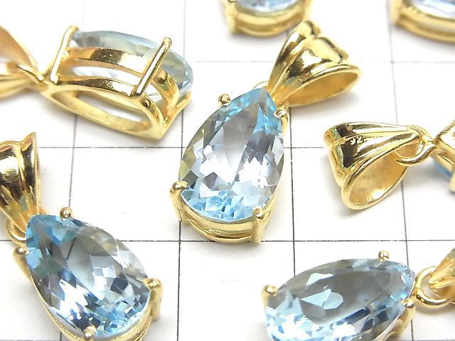 [Video]High Quality Sky Blue Topaz AAA Pear shape Faceted Pendant 14x9mm 18KGP 1pc