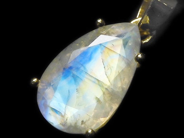 [Video][One of a kind] High Quality Rainbow Moonstone AAA Faceted Pendant 18KGP NO.35