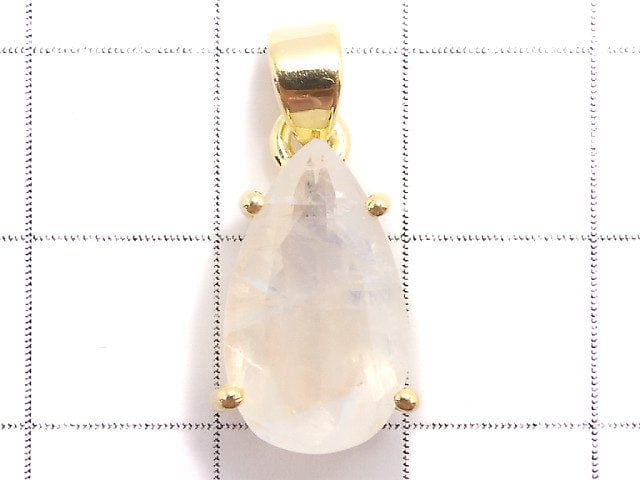 [Video][One of a kind] High Quality Rainbow Moonstone AAA Faceted Pendant 18KGP NO.36