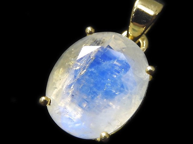 [Video][One of a kind] High Quality Rainbow Moonstone AAA Faceted Pendant 18KGP NO.37
