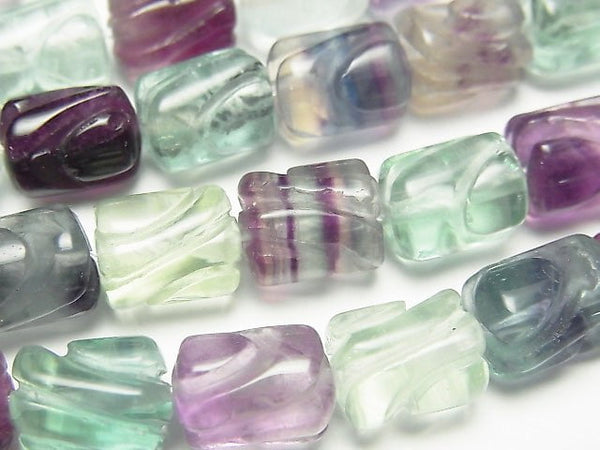 [Video] Multicolor Fluorite AAA- Carved Tube 10x8x8mm half or 1strand beads (aprx.15inch / 37cm)