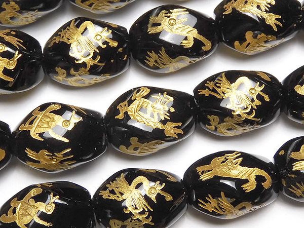 Gold! Four Divine Beasts Carving! Onyx Twist Faceted Rice 18x13x13mm 1/4 or 1strand beads (aprx.15inch / 36cm)