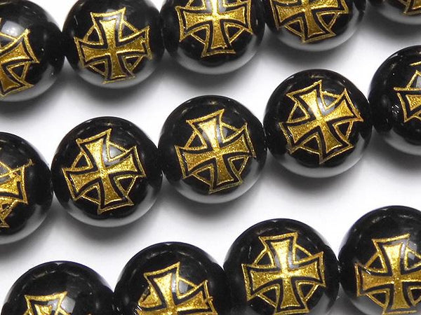 Golden! Cross Carving! Onyx AAA Round 10 mm, 12 mm, 14 mm half or 1 strand beads (aprx.15 inch / 36 cm)
