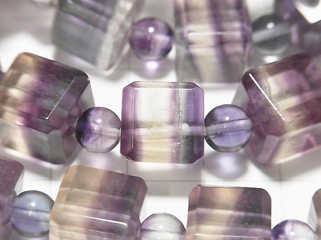 [Video] Multicolor Fluorite AAA Cube 10mm & Round 6mm [Purple] 1strand (Bracelet)