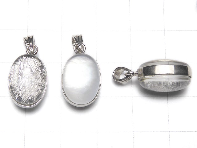 Meteorite & White Shell Oval Pendant 16 x 11 x 9 mm Silver 925
