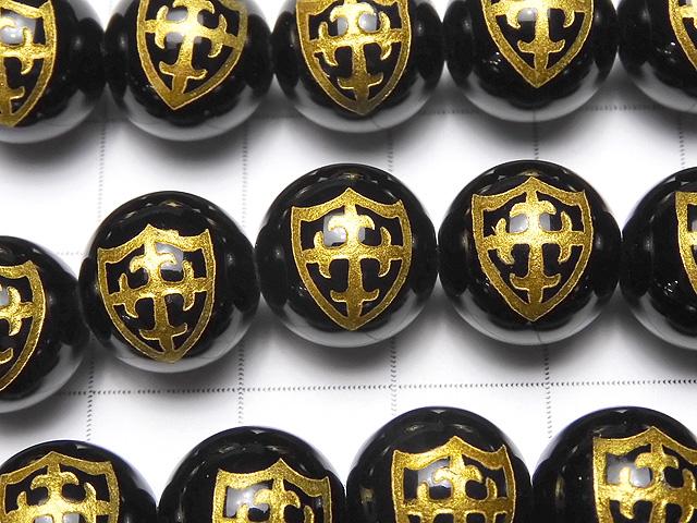 Goldfish! Shield, Cross Carving! Onyx AAA Round 10 mm, 12 mm, 14 mm half or 1 strand beads (aprx.15 inch / 36 cm)