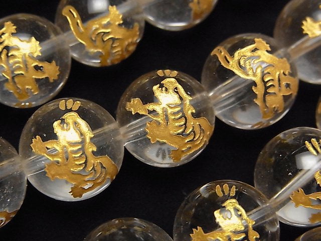 [Video] Golden! [Tiger, Four Divine Beasts] Carved! Crystal AAA- Round 14mm half or 1strand beads (aprx.15inch / 36cm)