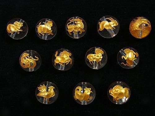 Golden! Zodiac Carving! Crystal AAA Round 8 - 12 mm [Horse, Morning, Sorrow, Rooster, Tiger, Ocean] 3pcs! - wholesale gemstone beads, gemstones - kenkengems.com