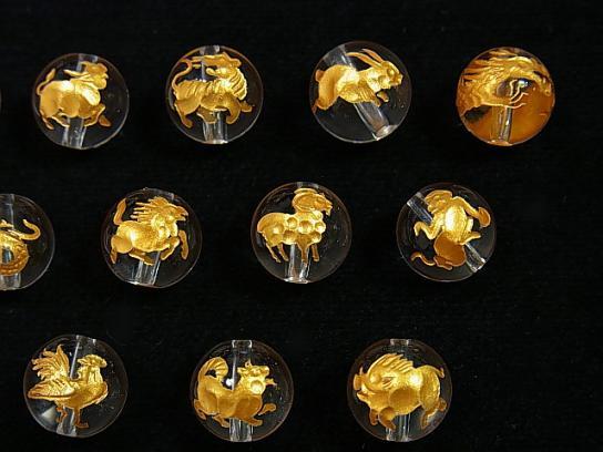 Golden! Zodiac Carving! Crystal AAA Round 8 - 12 mm [Horse, Morning, Sorrow, Rooster, Tiger, Ocean] 3pcs! - wholesale gemstone beads, gemstones - kenkengems.com