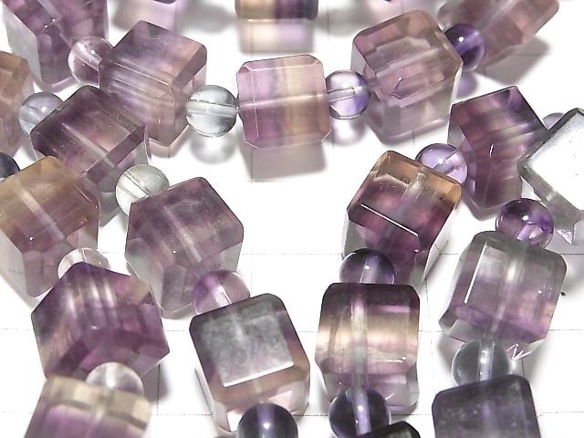 [Video] Multicolor Fluorite AAA Cube 10mm & Round 6mm [Purple] 1strand (Bracelet)