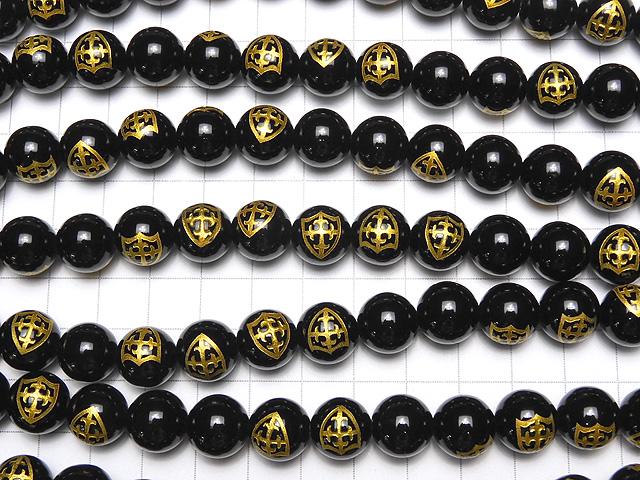 Goldfish! Shield, Cross Carving! Onyx AAA Round 10 mm, 12 mm, 14 mm half or 1 strand beads (aprx.15 inch / 36 cm)